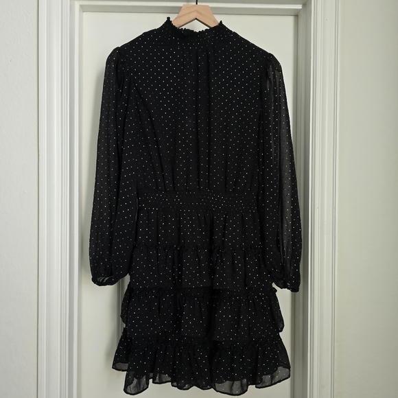 1 State Smocked Ruffle Dress in Black and Silver Polka Dots Size M - Picture 2 of 6